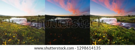 Three photos with different exposures of combined to HDR. Location place Geyser Park, Iceland, Europe. Images before and after. Original or retouch, example of photo editing process. Beauty of earth.