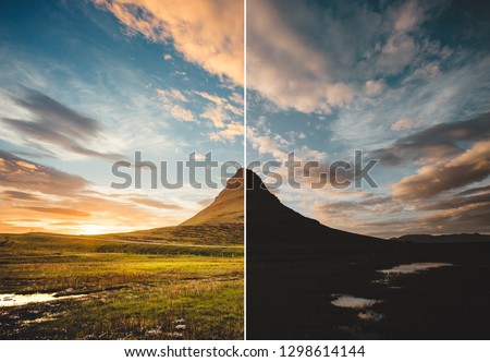 Beautiful view of the Kirkjufell volcano. Location Iceland, Europe. Images before and after. Original or retouch, example of photo editing process. Beauty of earth. Picture in half of editing process.