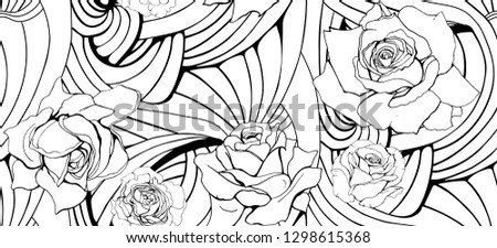 Black and white Seamless abstract hand-drawn pattern with isolated elements. Zen art. Wavy background with roses. Design for relaxation, adult antistress coloring. Print for flyers, wallpaper, cloth. 