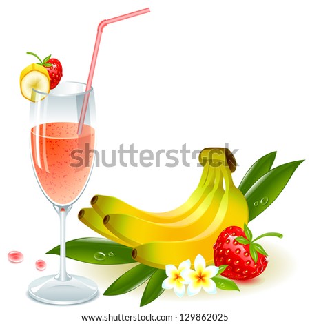 glass juice of banana and strawberry  with a straw and fruit
