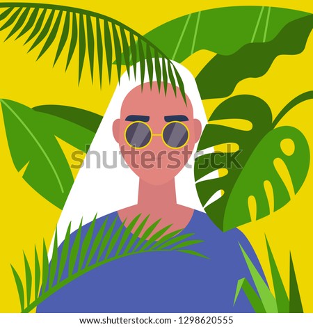 A portrait of young female character standing in the tropical leaves. Jungle. Vacation. Travel. Flat editable vector illustration, clip art