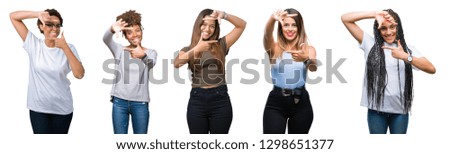 Collage of group of young women over isolated background smiling making frame with hands and fingers with happy face. Creativity and photography concept.