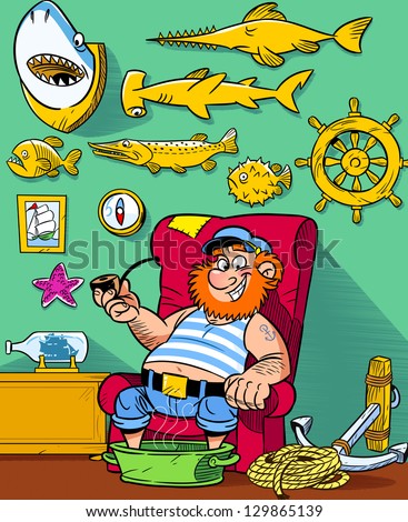 The illustration shows funny sea captain resting in his room, where the walls are covered with trophies.