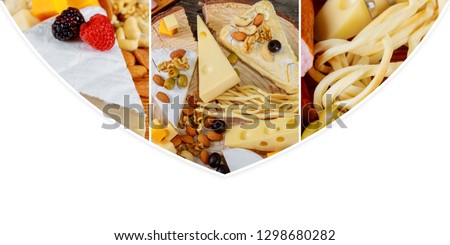 Assortment of cheese and olives on salami sausage table Collage from different pictures