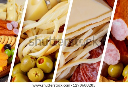 Different kinds of cheese, olives and sausage Collage from different pictures
