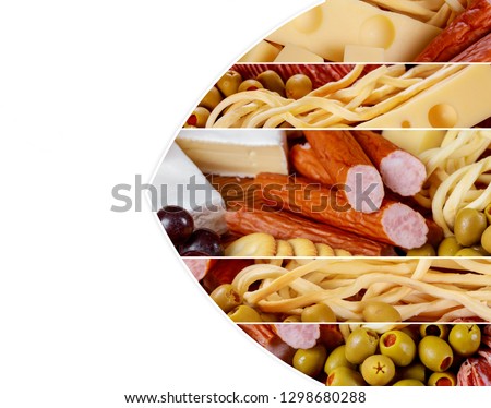 Appetizers table with cheese of olives and sausages and meat variety board Collage from pictures