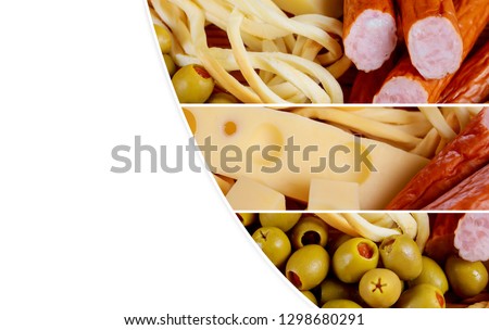 Assortment of cheeses and olives and sausages on the table Collage fromt pictures