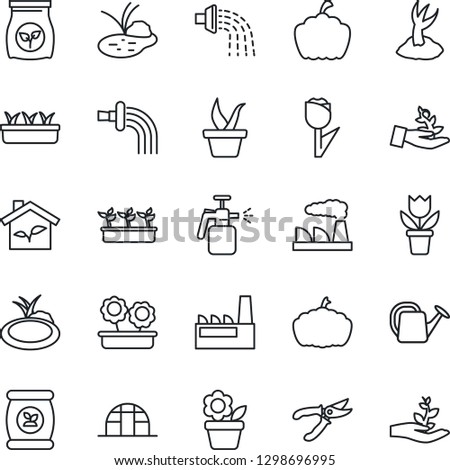 Thin Line Icon Set - factory vector, flower in pot, seedling, watering can, sproute, pruner, pumpkin, greenhouse, pond, garden sprayer, fertilizer, tulip, eco house, palm