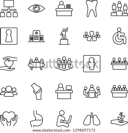 Thin Line Icon Set - male vector, female, pedestal, meeting, manager place, disabled, heart hand, stomach, lungs, tooth, eye, joint, hospital, desk, company, group, hierarchy, man with notebook
