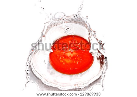 Beautiful tomato splash on water. Studio shoot isolated on white.