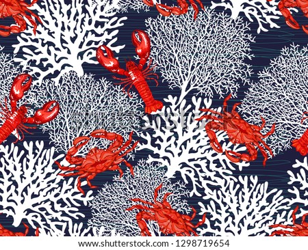 Beautiful seamless vector spring summer pattern background with  crab, lobster, corals. Perfect for wallpapers, web page backgrounds, surface textures, fabric.