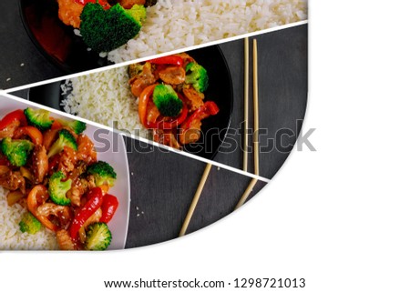 teriyaki chicken and broccoli stir fry with rice Collage from different pictures