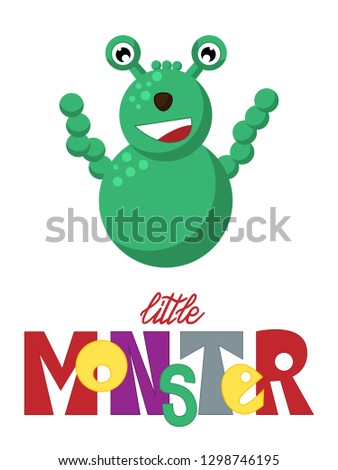 Vector postcard - funny circle monster with lettering "little monster"