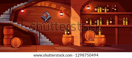 Vector wine cellar background, cozy space with wooden barrels, glass bottles. Alcohol, winemaking room with lanterns, stairs. Castle basement with shield, swords and shelves with beverage Royalty-Free Stock Photo #1298750494