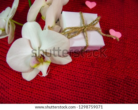 Orchid and hearts on red cloth, Valentines Day background, wedding day.