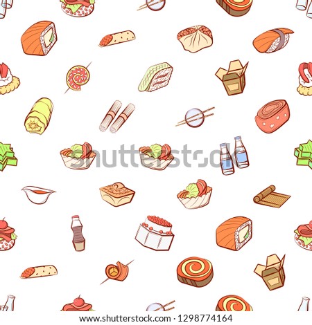 Japanese food and Snacks set. Background for printing, design, web. Usable as icons. Seamless. Colored.