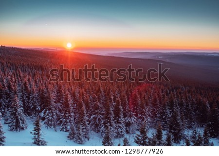 Mountain winter landscape with snow and pine forest. Colorful sunset view from the top of the mountains with valley fog in the evening. Wolfswarte, Torfhaus, Harz Mountains National Park in Germany