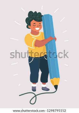 Vector cartoon illustration of Boy holding big pencil.