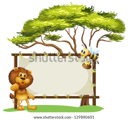Illustration of a lion and a bee near a big tree on a white background