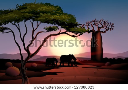 Illustration of a sunset at the desert with animals
