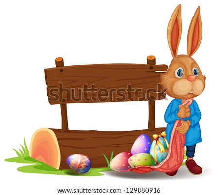 Illustration of a bunny near a wooden signboard with eggs on a white background