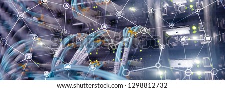 Telecommunication concept with abstract network structure and server room background.