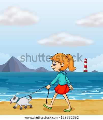 Illustration of a girl strolling at the beach with a puppy