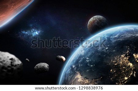 Earth, Mars and other planet in the deep space. Asteroids. Galaxy. Elements of this image furnished by NASA