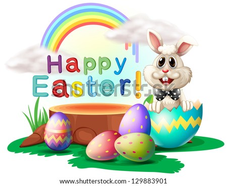 Illustration of a happy Easter greeting with a bunny and eggs on a white background