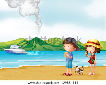 Illustration of a young girl and a young boy strolling at the beach