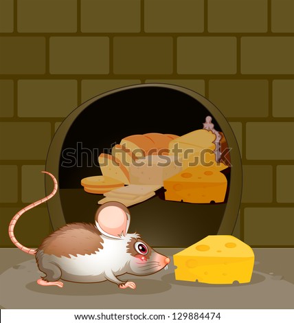 Illustration of a hole at the wall with bread and cheese