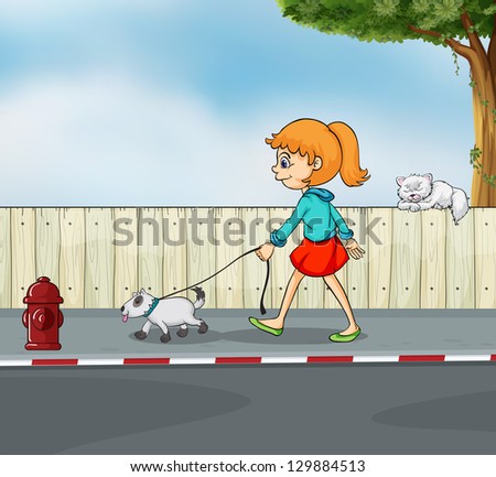 Illustration of a girl strolling with her pet