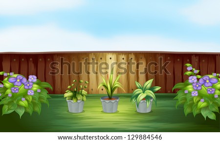 Illustration of three plants in a pot inside the fence