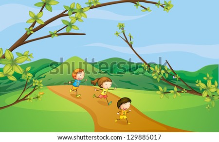 Illustration of kids playing in the hills
