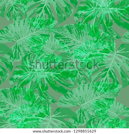 Tropical Pattern. Seamless Texture with Bright Hand Drawn Leaves of Exotic Tree. Spring Rapport for Paper, Cloth, Fabric. Vector Seamless Background with Tropic Plants. Watercolor Effect.