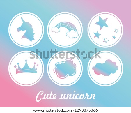 White round badges with inner contour with the theme of a unicorn on a substrate with a color gradient and the inscription