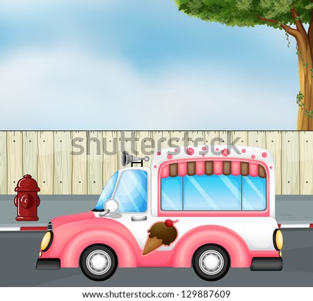 Illustration of a pink ice cream bus at the road