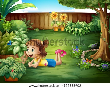 Illustration of a little girl watching a butterfly