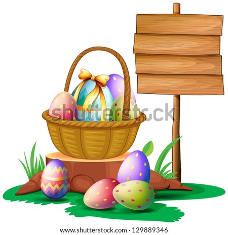 Illustration of Easter eggs near a wooden signboard on a white background