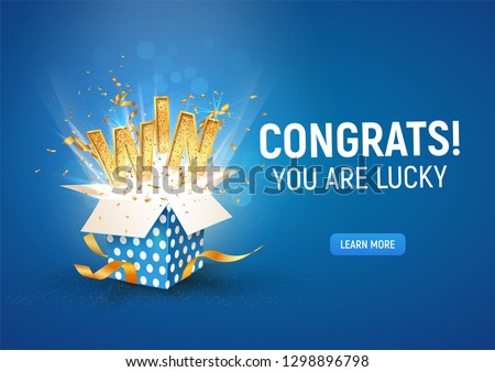 Open textured blue box with confetti explosion inside and win gold word on blue background horizontal illustration. Royalty-Free Stock Photo #1298896798