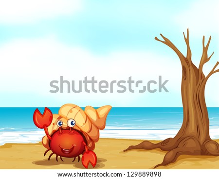 Illustration of a crab with a shell at the seashore