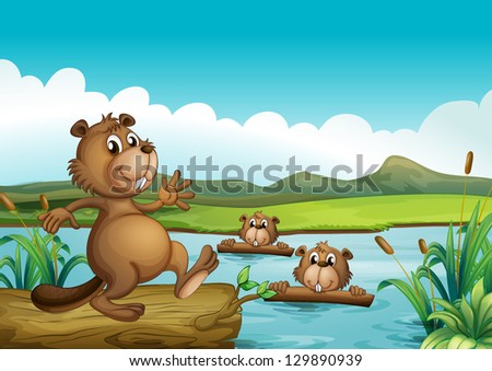 Illustration of beavers playing in the river with woods