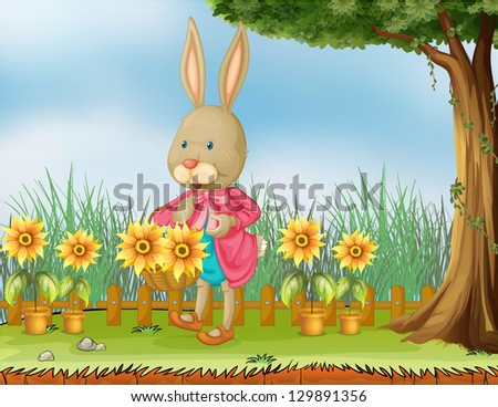 Illustration of a bunny in the garden with sunflowers