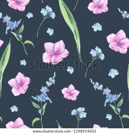 Watercolor vintage floral seamless pattern with pink and blue wildflowers. Natural colorful illustration on black background