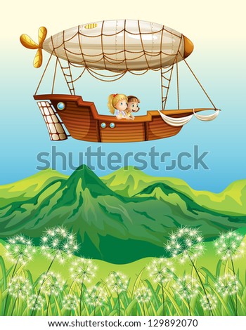 Illustration of an airship carrying two young girls