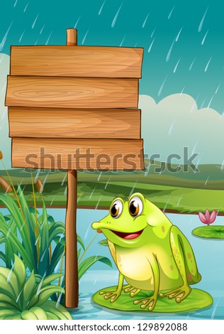 Illustration of a frog near an empty wooden board