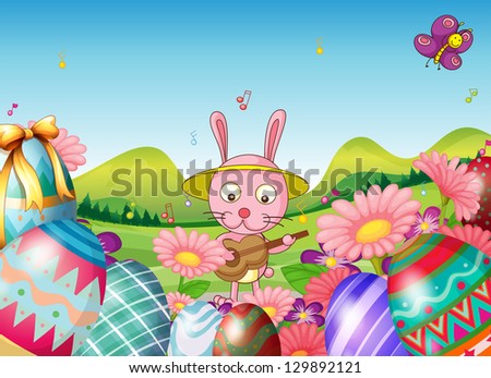 Illustration of a bunny with a guitar and the easter eggs in the garden on a white background