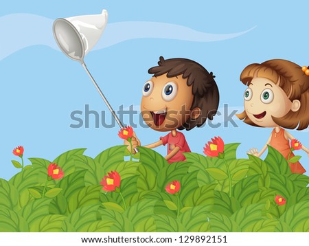 Illustration of butterfly catchers in the garden