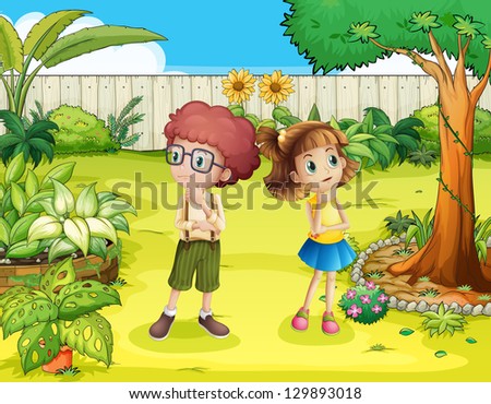 Illustration of a girl and a boy in the backyard