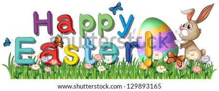 Illustration of a happy easter greetings in the garden on a white background